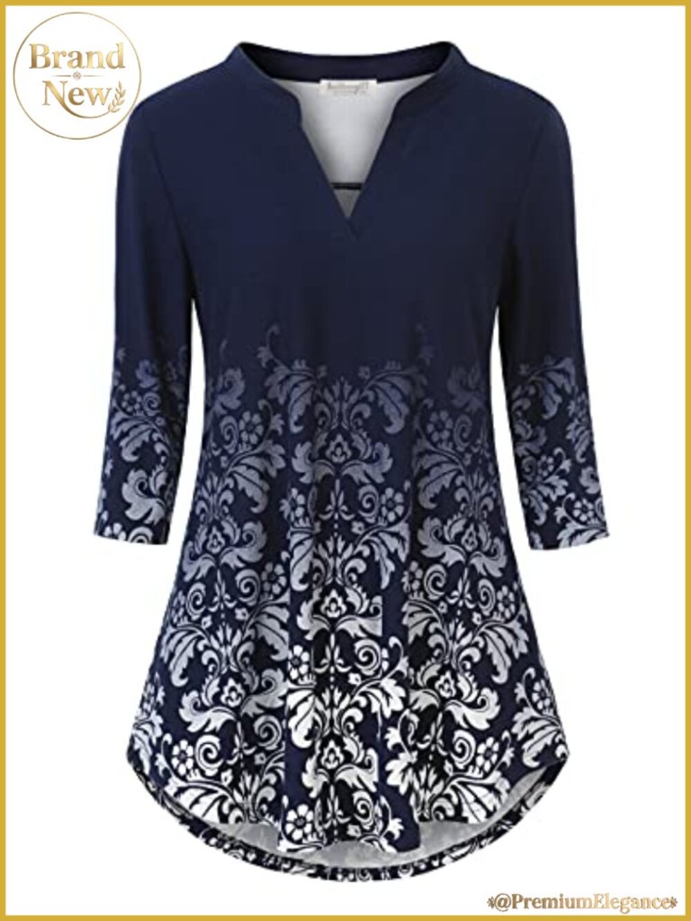 3/4 Sleeve Floral Blouse Women's Notch V Neck Loose Fit Work Tunic Top